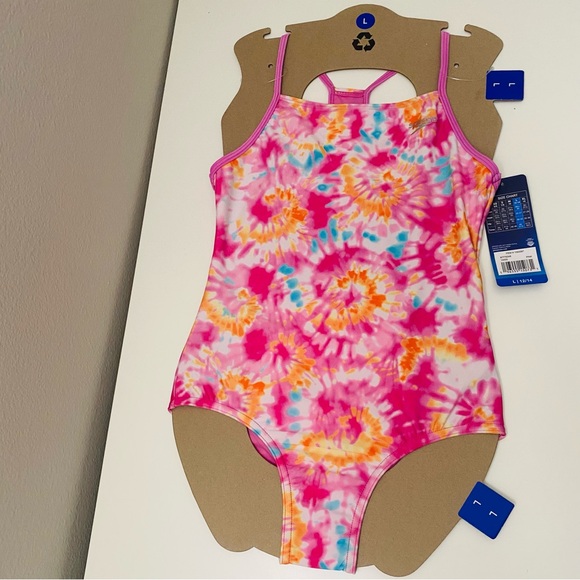 Speedo Swimsuit Girls L-12/14 Thin Strap Pink One Piece UPF 50+ Racer Back, NWT. - Picture 1 of 4